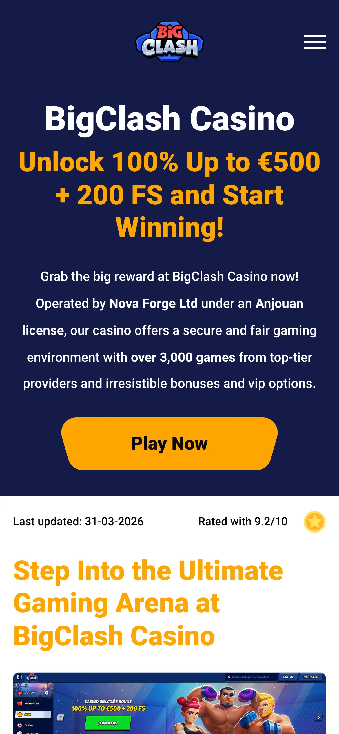 BigClash Casino mobile lobby screenshot